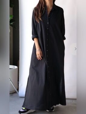 XiRENA Black Long Button-Front Shirt Dress with Pockets M